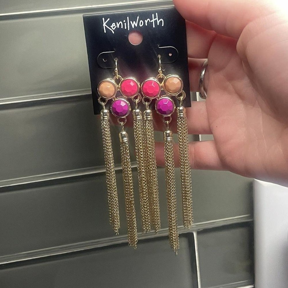 NWT Kenilworth Pierced Dangle Earrings Chain / Pink / Gold Tone - Nice Gift